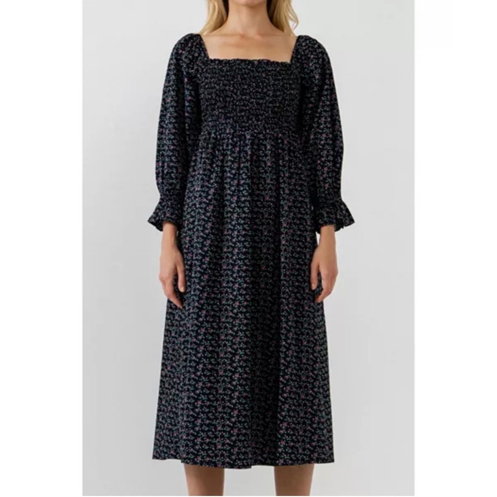 English Factory Floral Smocked Midi Dress Black Pink XS TL271D